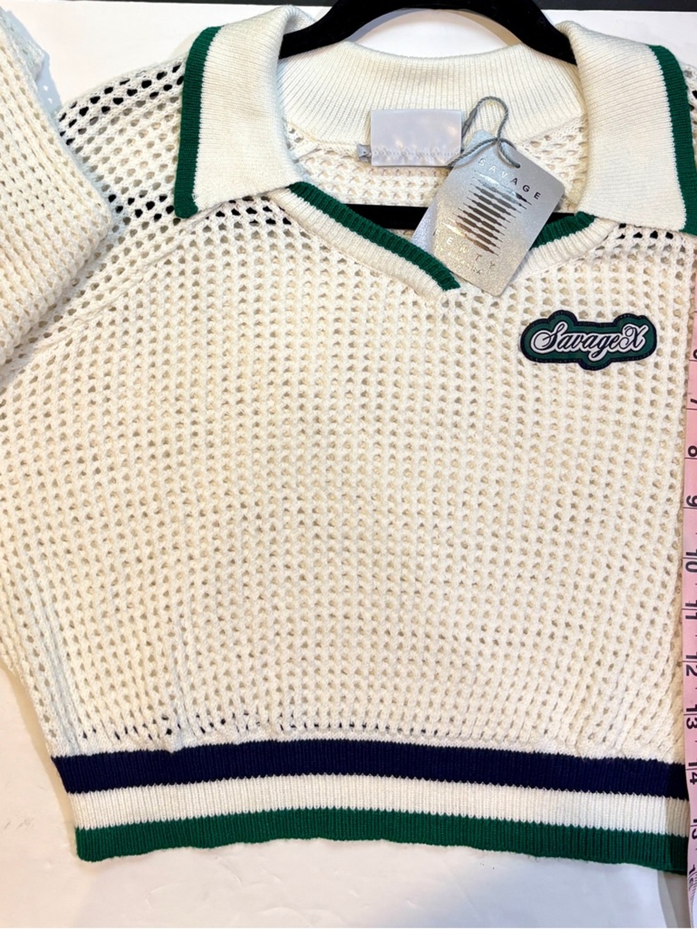 NWT Savage X Fenty 2X Open Knit Polo Sweater Y2K Preppy Cropped White Green